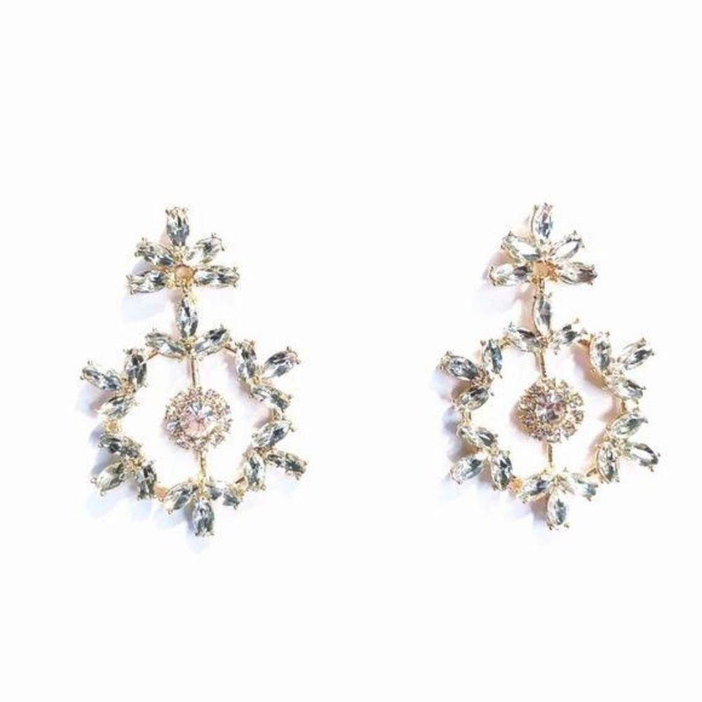 BOHO Snowflake Floral Gold Tone Base Clear Crystals Drop Pendant Earrings